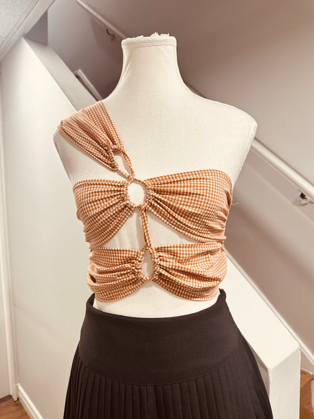 Orange Gingham One-Shoulder Ruched Crop Top