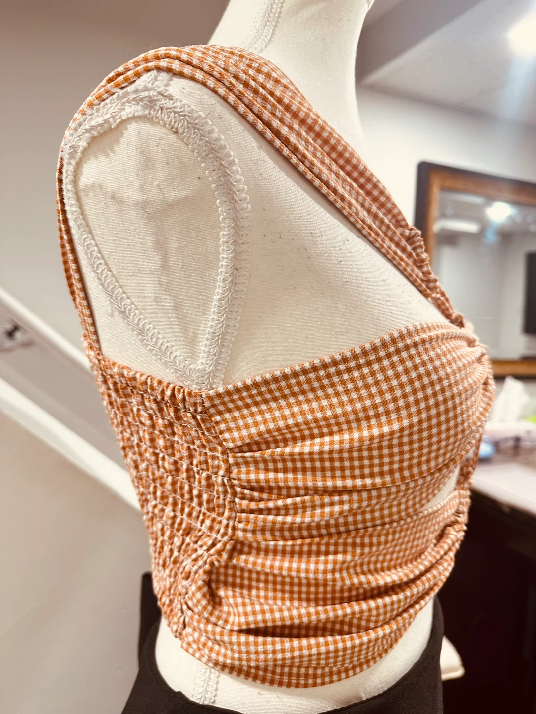 Orange Gingham One-Shoulder Ruched Crop Top - photo 2