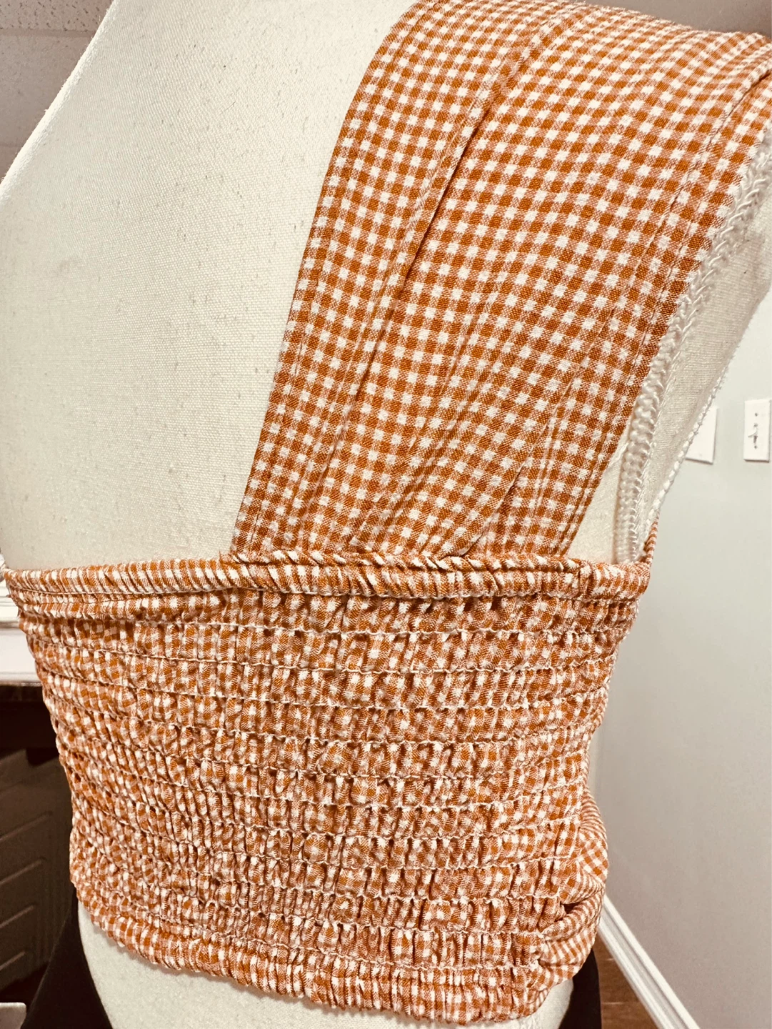 Orange Gingham One-Shoulder Ruched Crop Top - photo 3