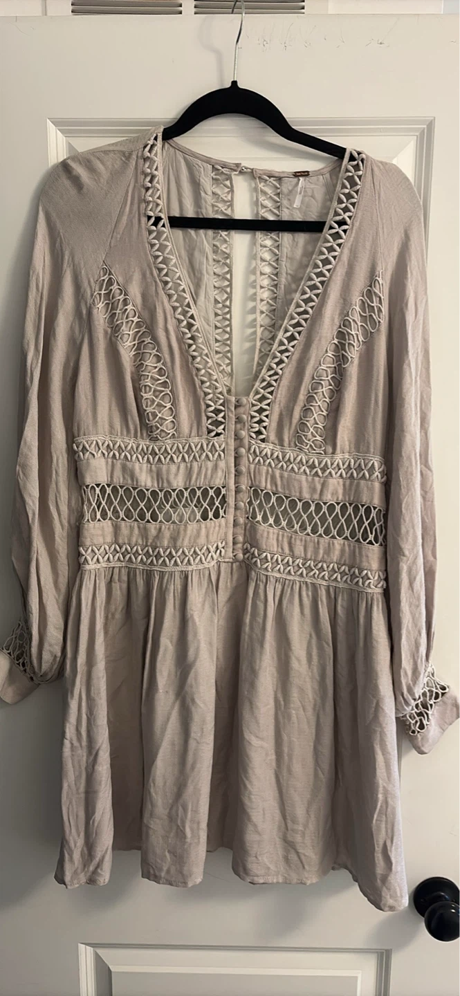 Free People Beige Embroidered Mini Dress Size 10