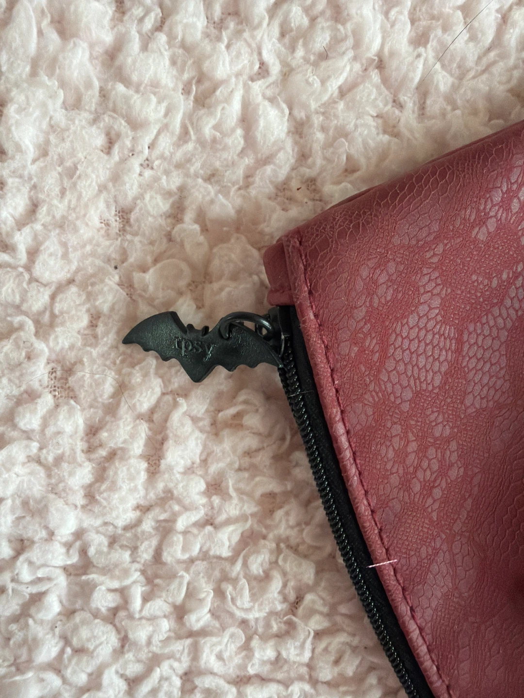 Ipsy Red Faux Leather Cosmetic Bag with Bat Zipper Pull - photo 3