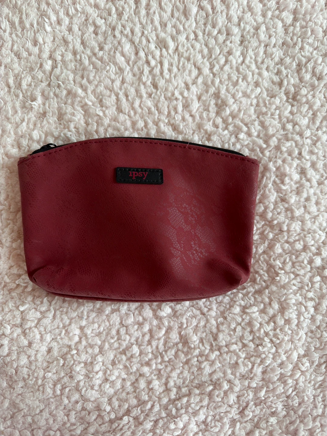 Ipsy Red Faux Leather Cosmetic Bag with Bat Zipper Pull