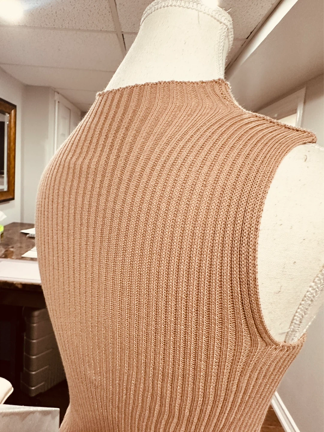 Women's Sleeveless Mock Neck Ribbed Knit Top - Beige - photo 3