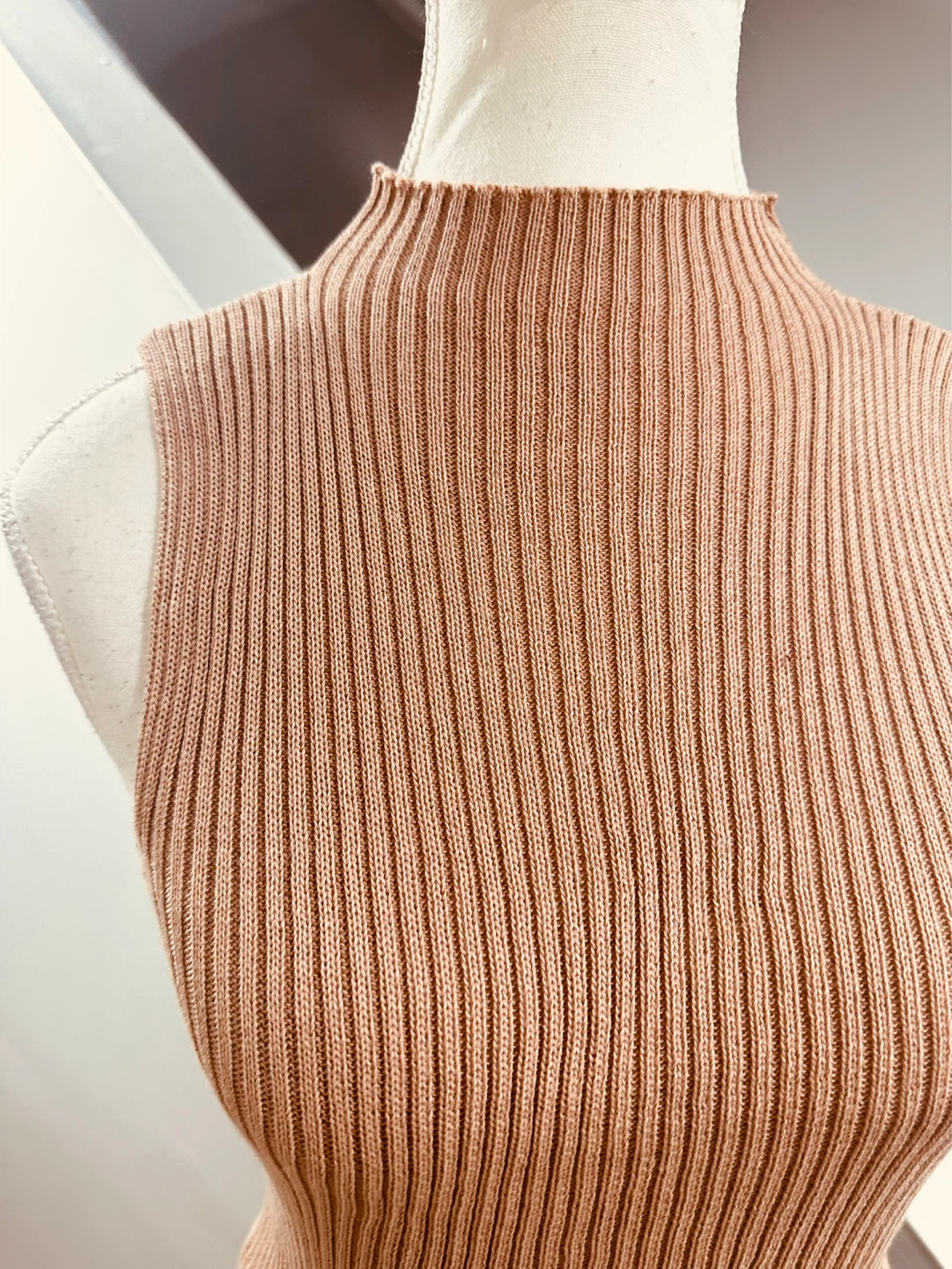 Women's Sleeveless Mock Neck Ribbed Knit Top - Beige - photo 2
