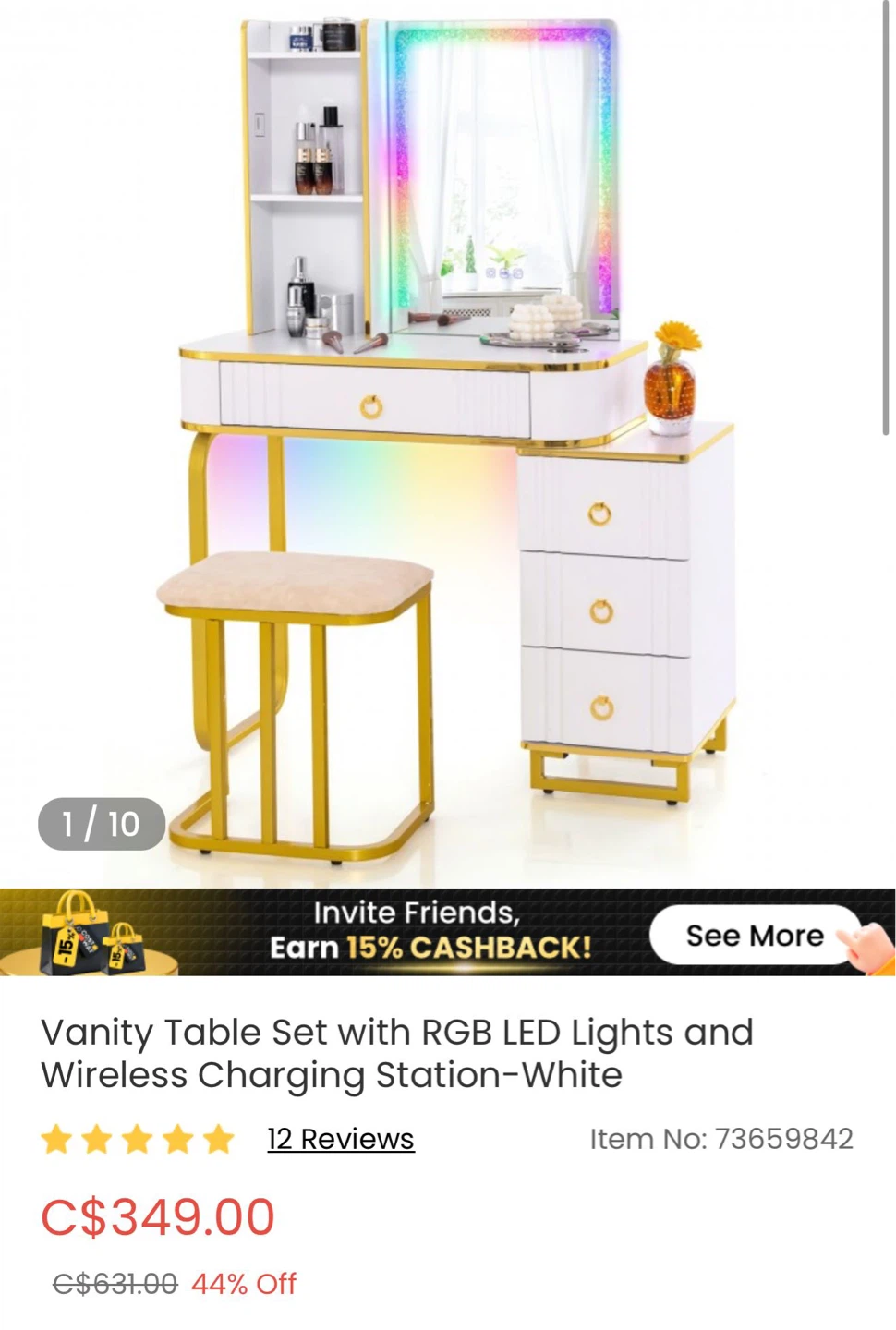 Vanity Table Set with LED Lights&Wireless Charging Station White - photo 4