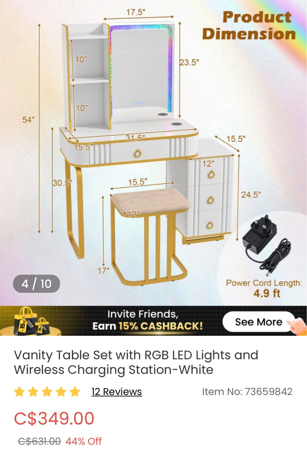 Vanity Table Set with LED Lights&Wireless Charging Station White - photo 5