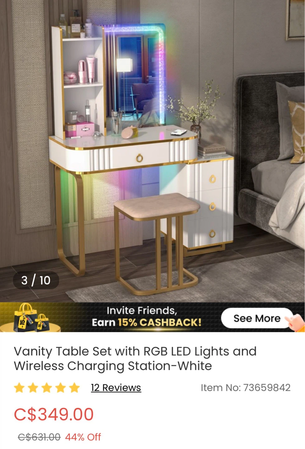 Vanity Table Set with LED Lights&Wireless Charging Station White