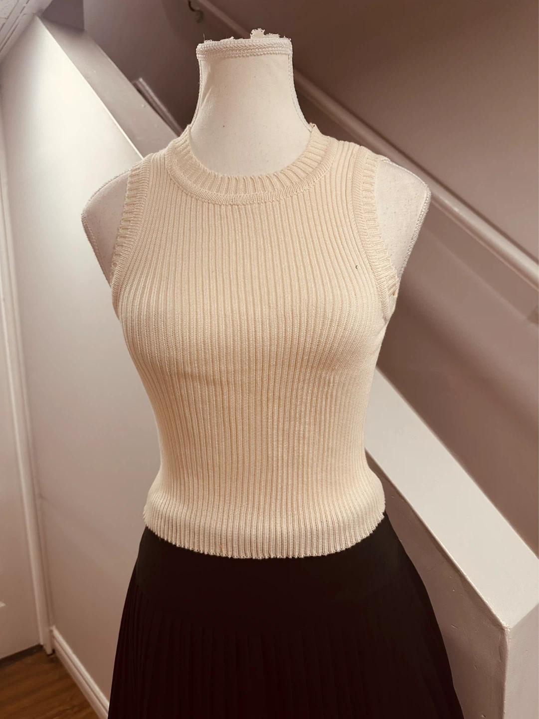 Cream Ribbed Sleeveless Tank Top