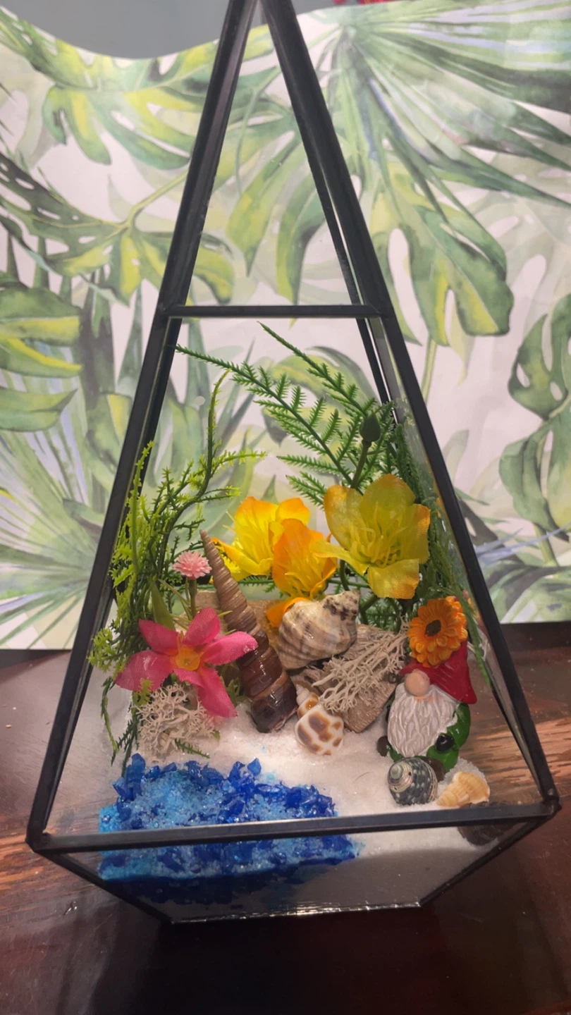 Decorative Glass Terrarium with Gnome and Seashells