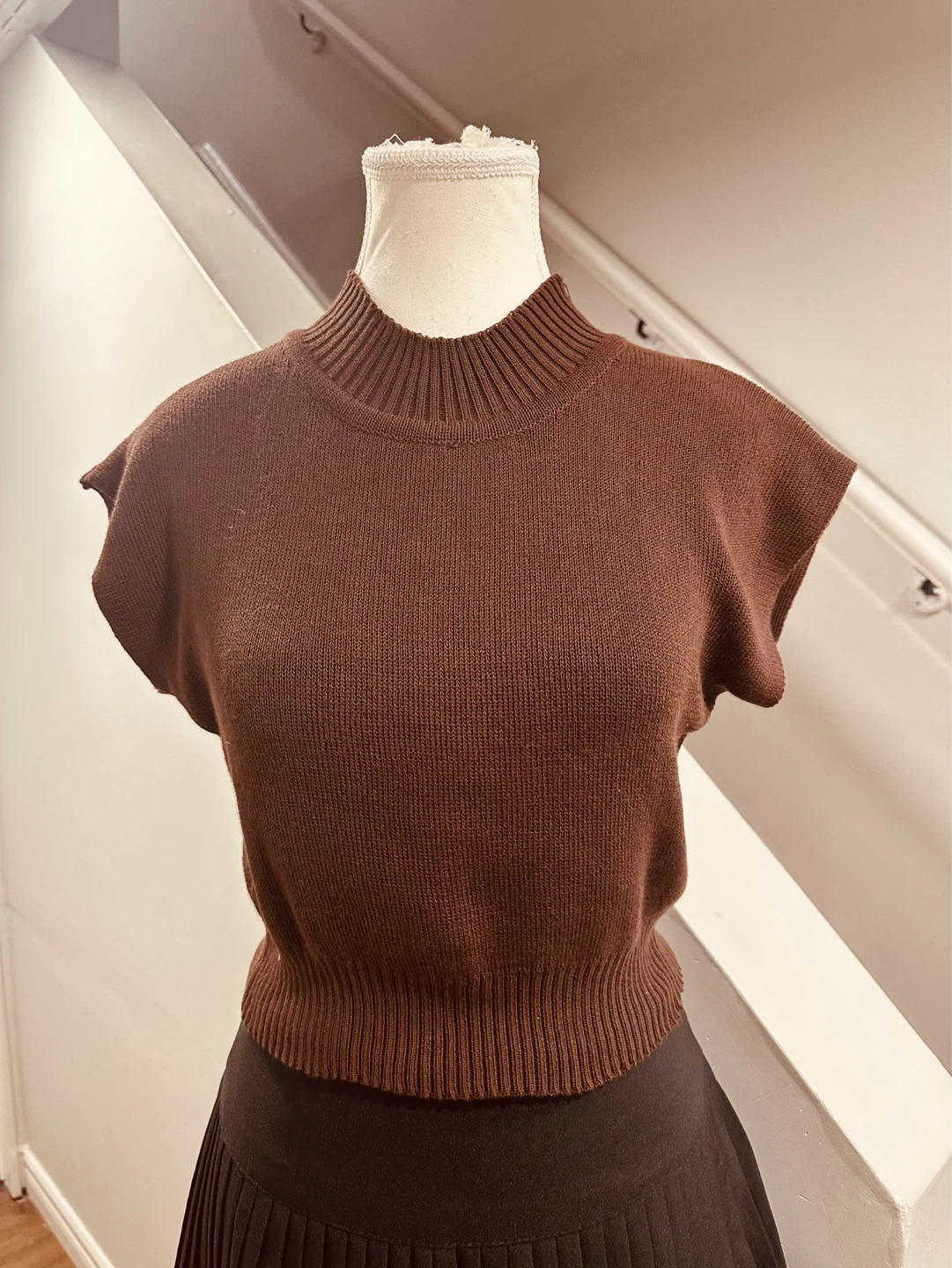 Brown Mock Neck Cap Sleeve Sweater