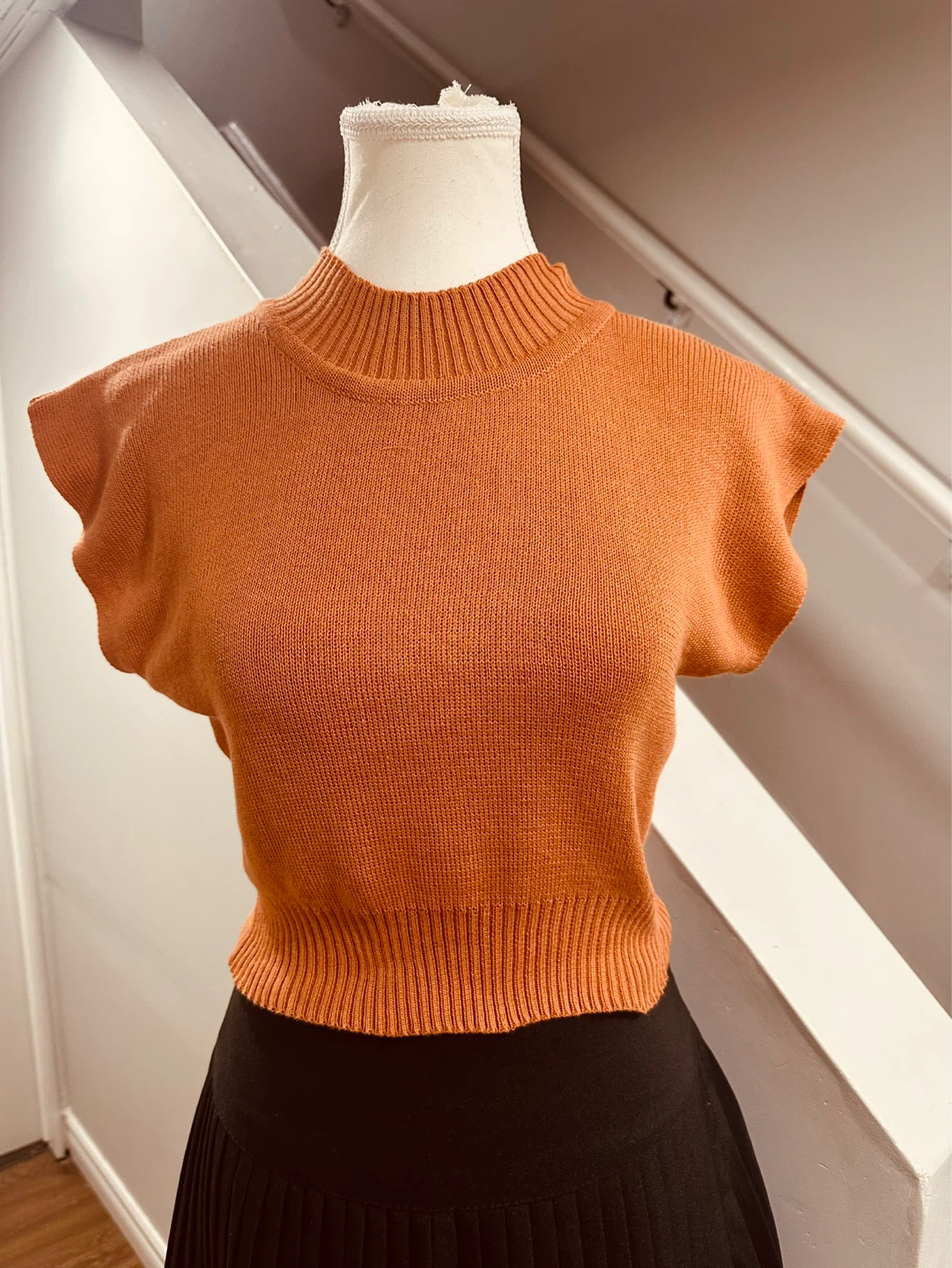 Orange Mock Neck Cap Sleeve Sweater