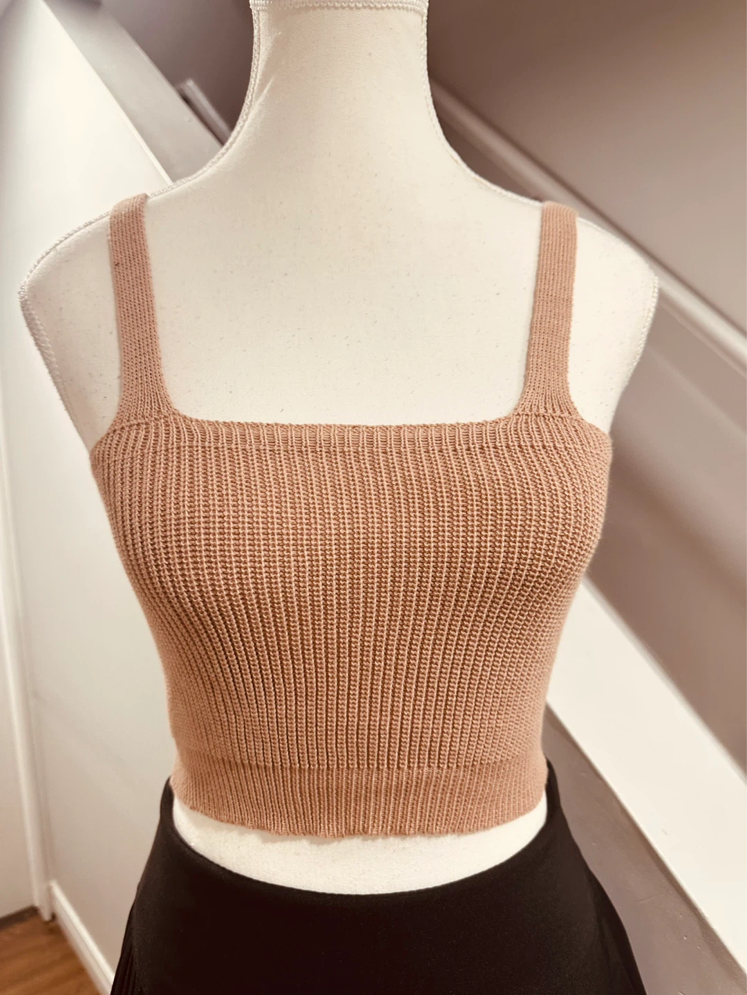 Tan Ribbed Square Neck Crop Tank Top