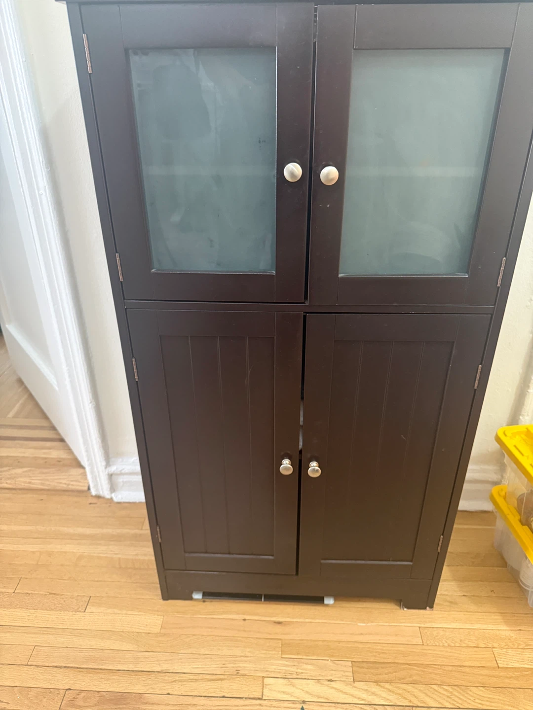 Dark Brown Storage Cabinet with Frosted Glass Doors