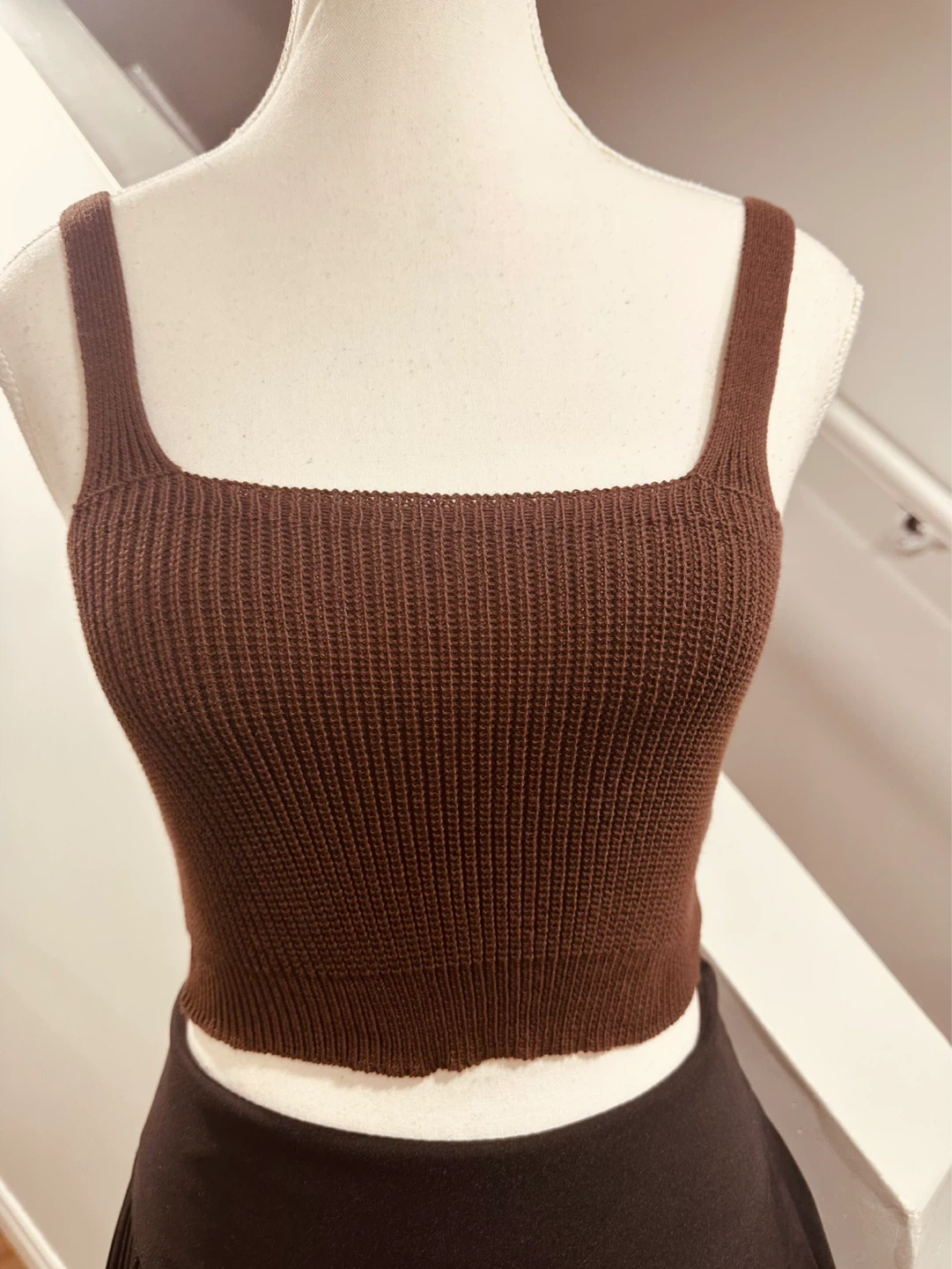 Brown Ribbed Knit Square Neck Tank Top