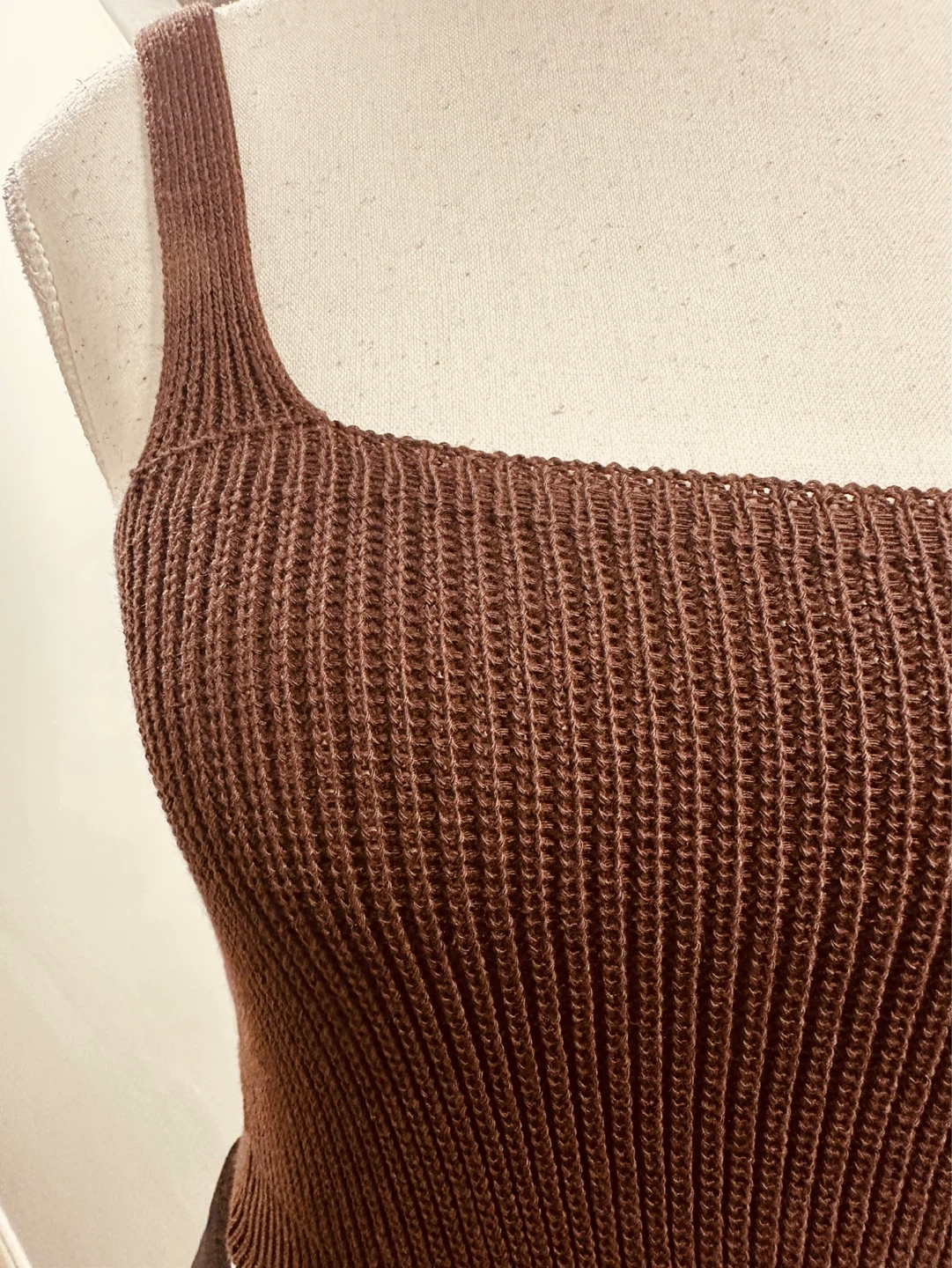 Brown Ribbed Knit Square Neck Tank Top - photo 2