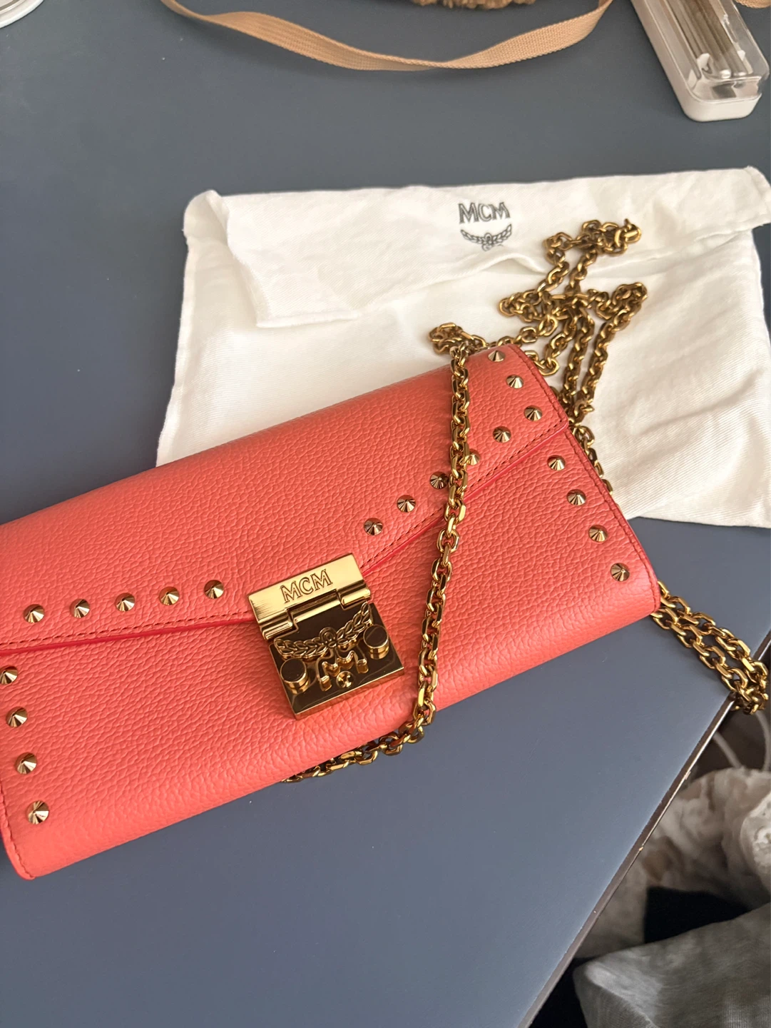 MCM Studded Pink Leather Wallet with Chain（ authentic)
