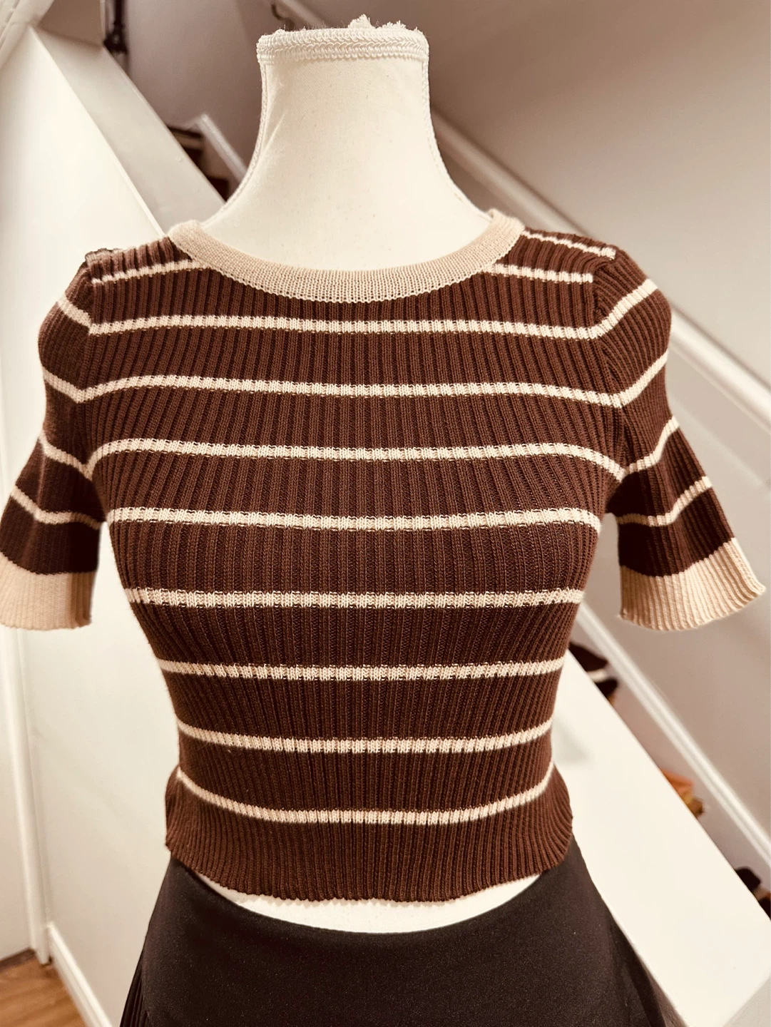 Brown and cream striped fitted knit top