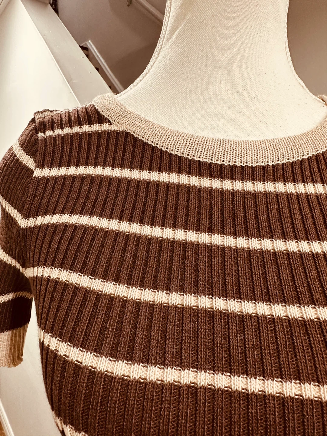 Brown and cream striped fitted knit top - photo 2