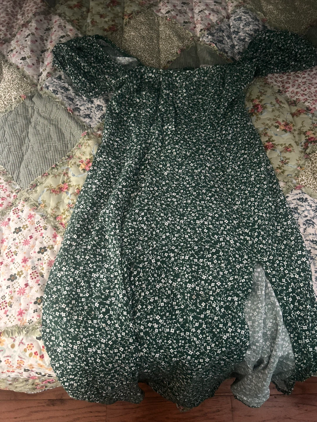 Green floral puff sleeve maxi dress with slit