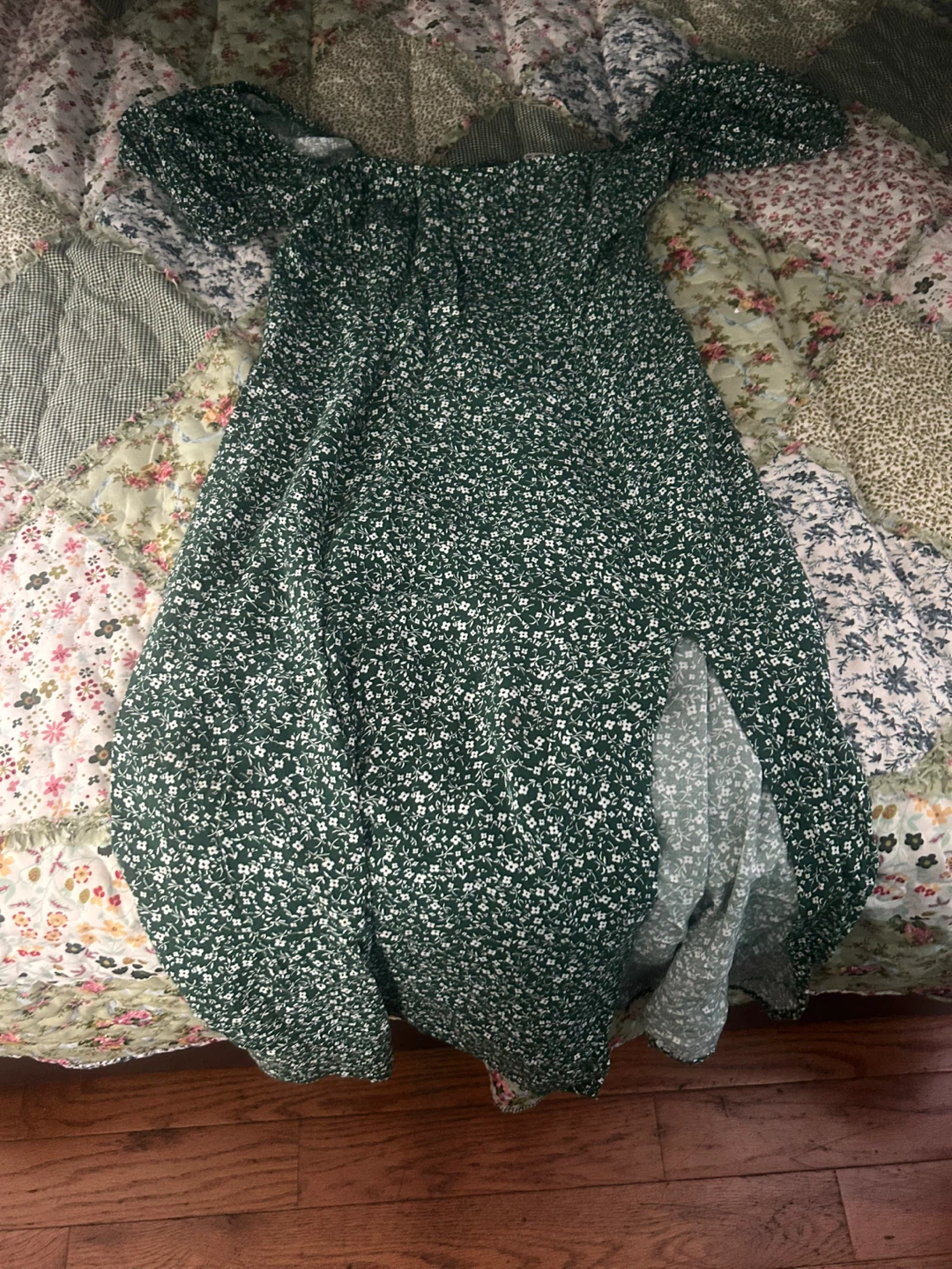Green floral puff sleeve maxi dress with slit - photo 2