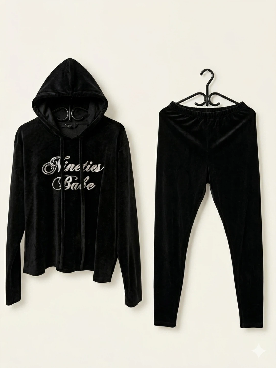 Black Velour Hoodie & Leggings Set "Nineties Babe" - Size 1X