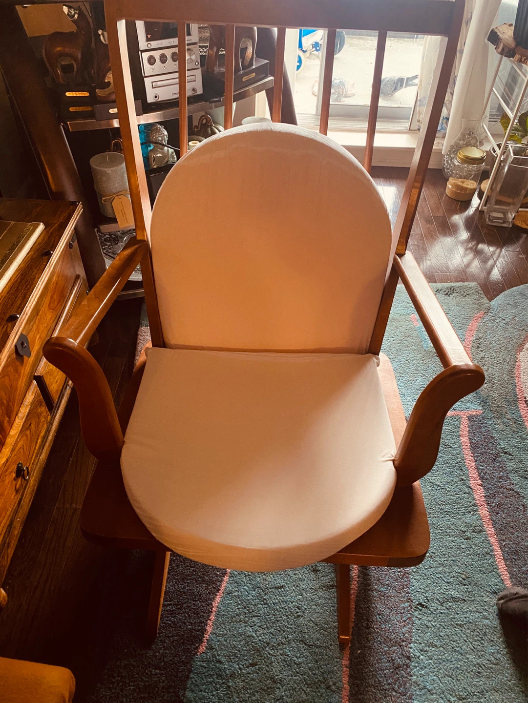 Wooden Glider Chair with White Cushions
