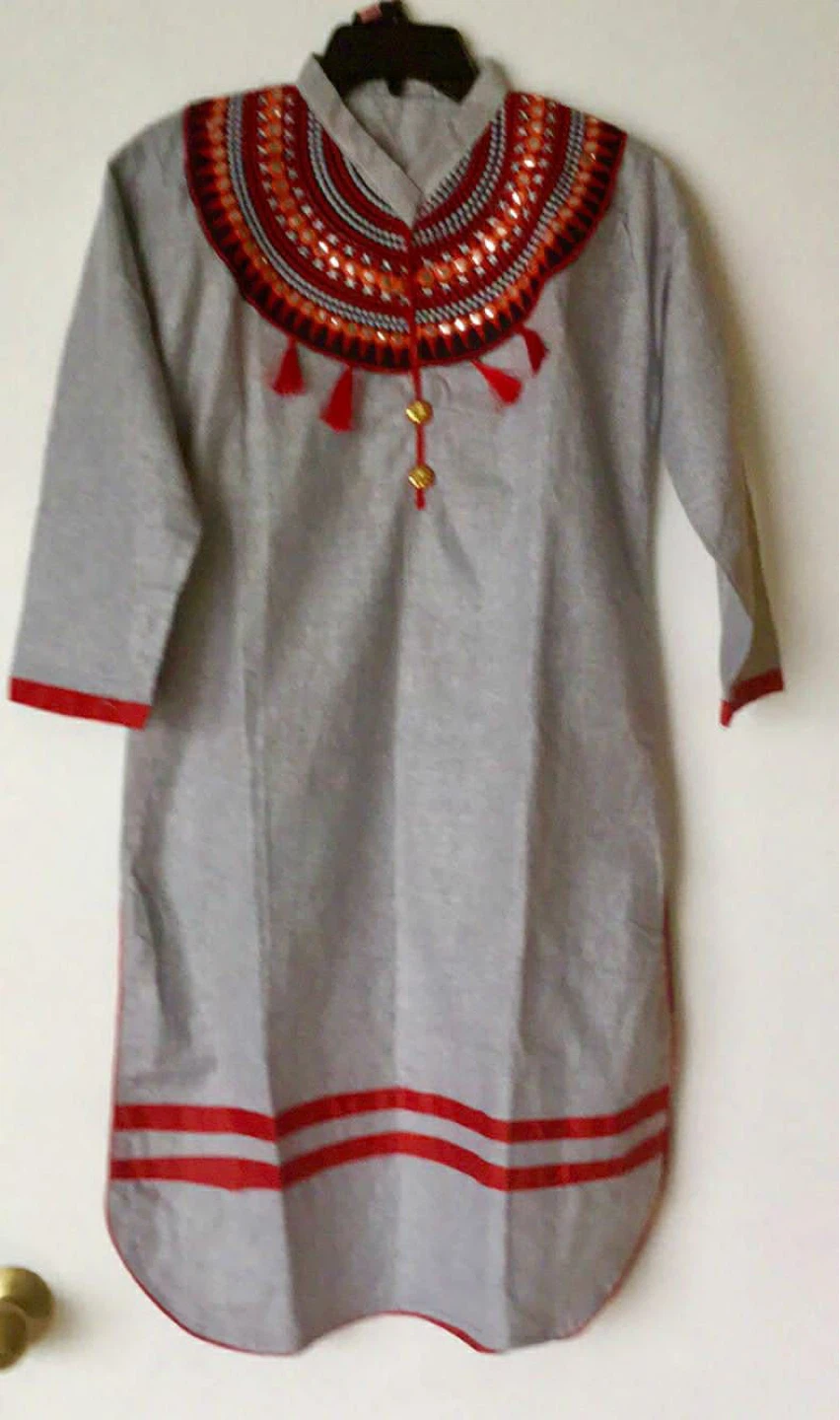 Grey Kurti with Red Trim and Embellished Neckline