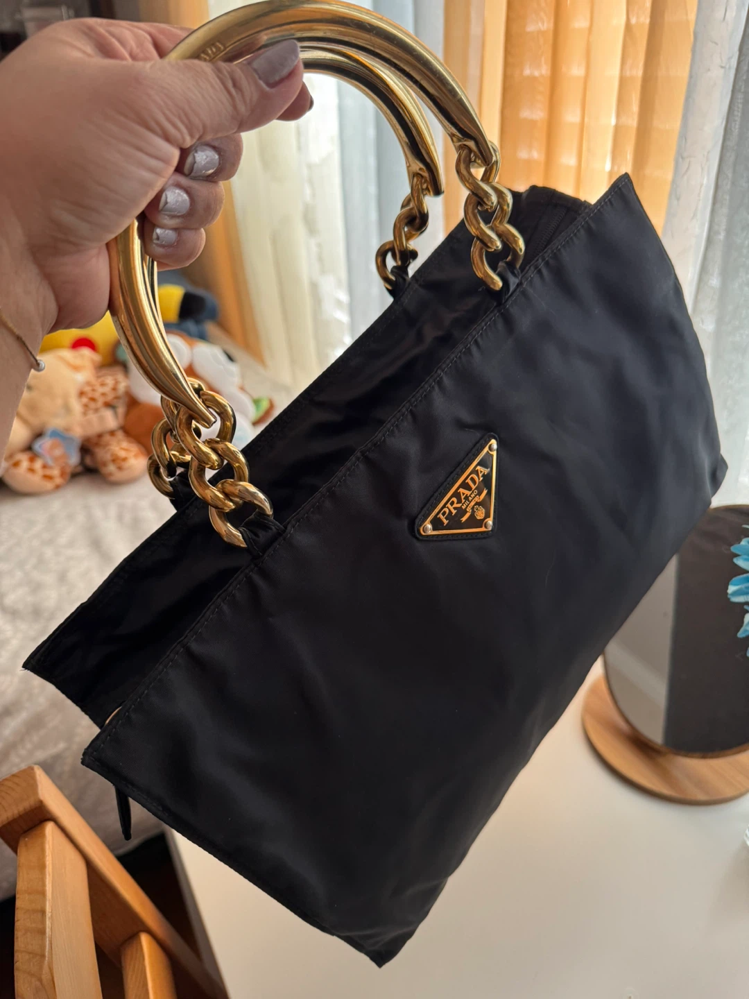 Prada Black Nylon Tote Bag with Gold Chain Handles - photo 2