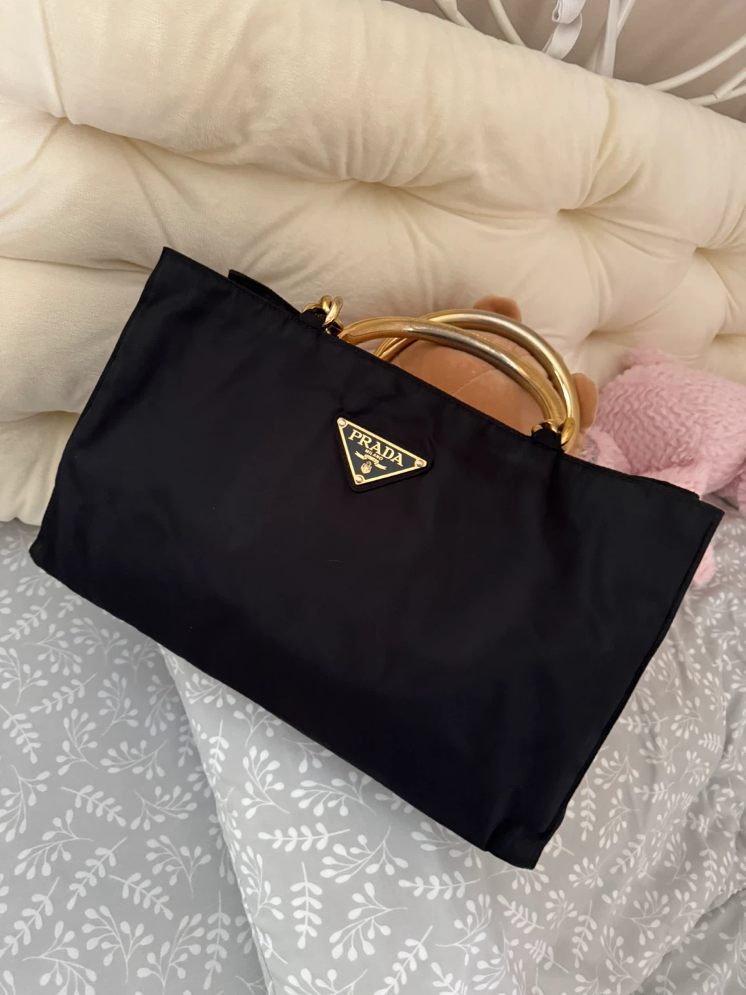 Prada Black Nylon Tote Bag with Gold Chain Handles - photo 5