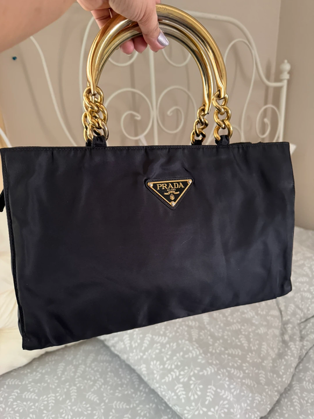 Prada Black Nylon Tote Bag with Gold Chain Handles - photo 3