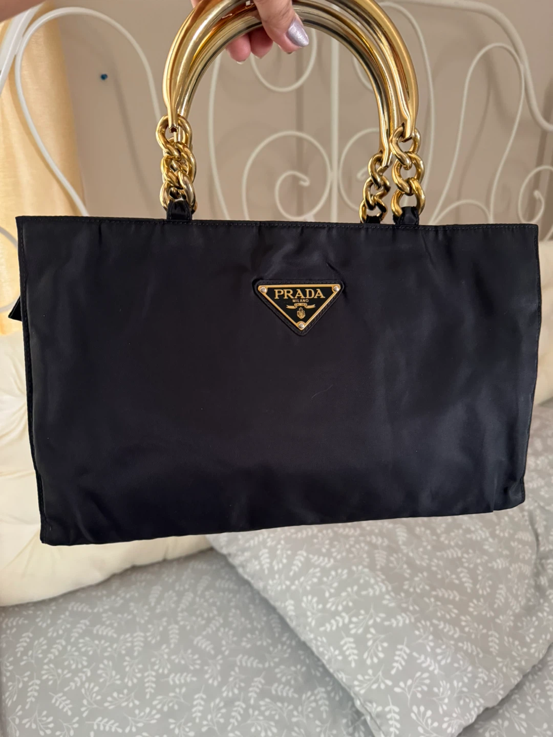 Prada Black Nylon Tote Bag with Gold Chain Handles