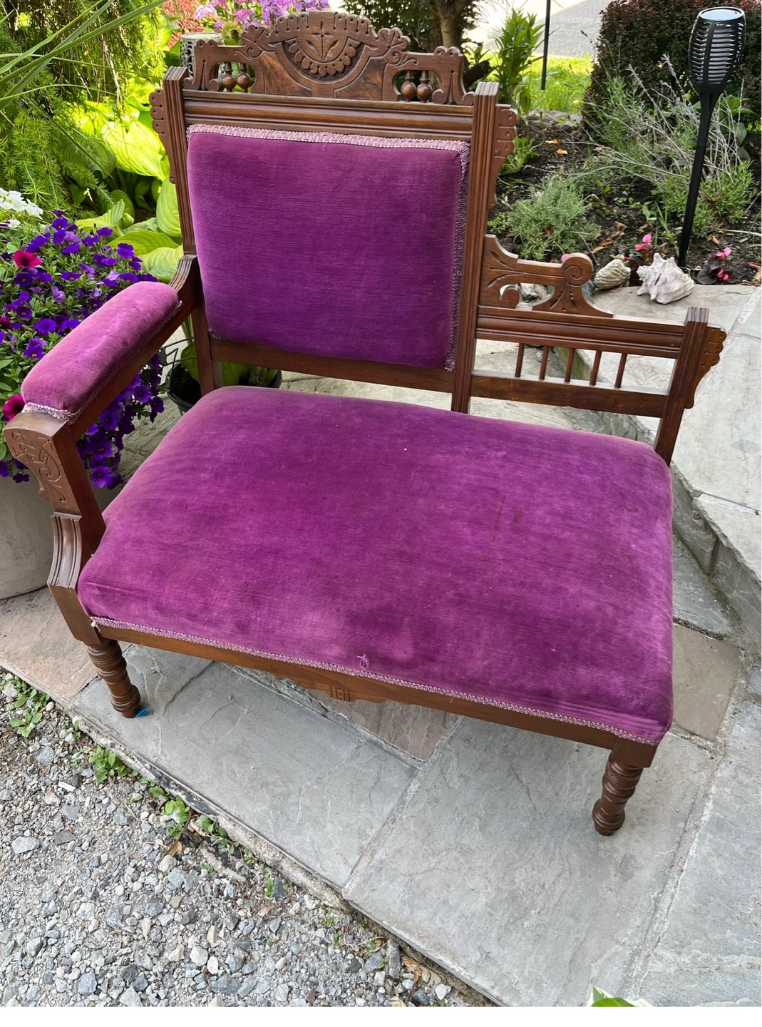 Antique Wooden Bench with Purple Velvet Upholstery