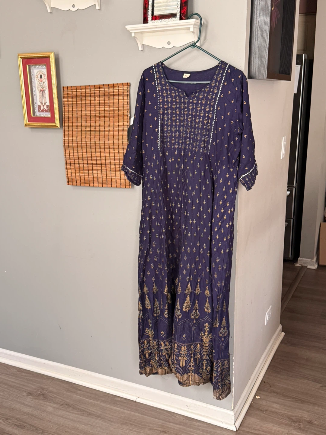 Navy Blue and Gold Printed Maxi Dress