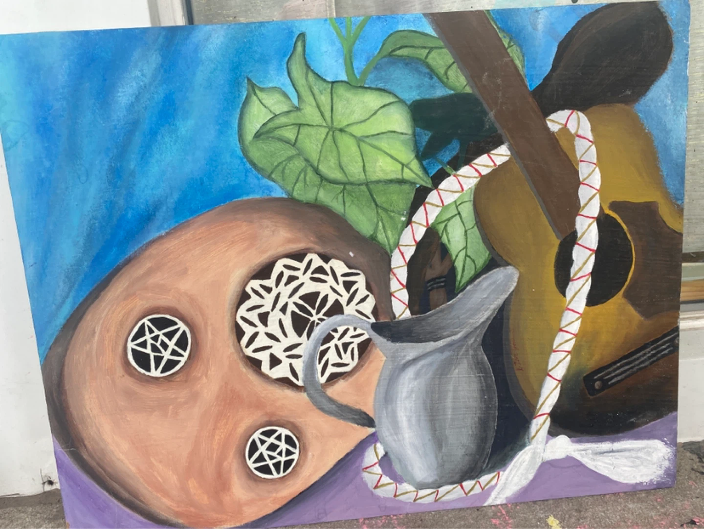 Original Painting Still Life with Guitar and Cat - photo 2