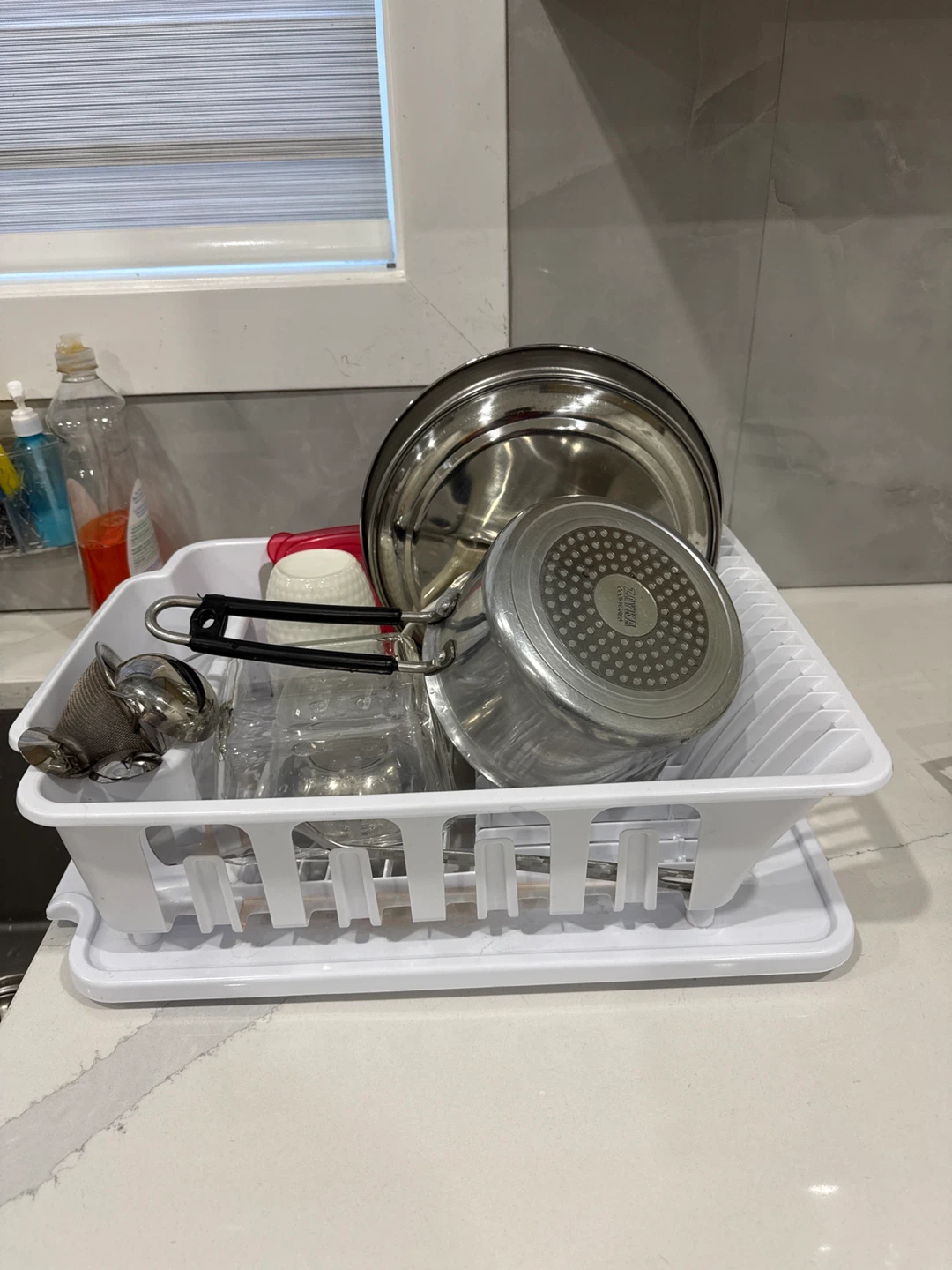 White Plastic Dish Drying Rack with Pots and Utensils