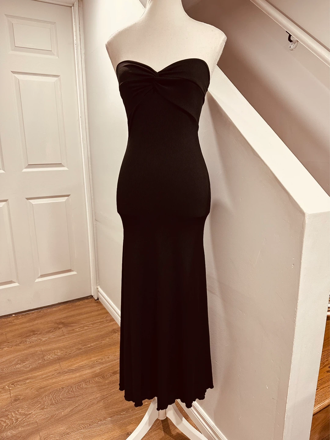 Black Strapless Ribbed Twist Front Maxi Dress