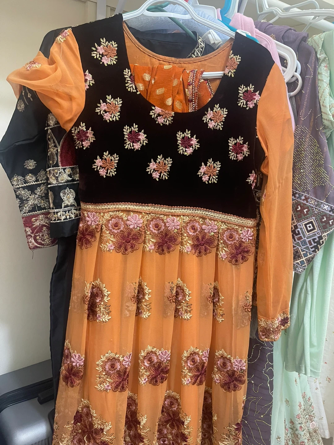 Orange Embroidered Long Sleeve Dress  3 piece