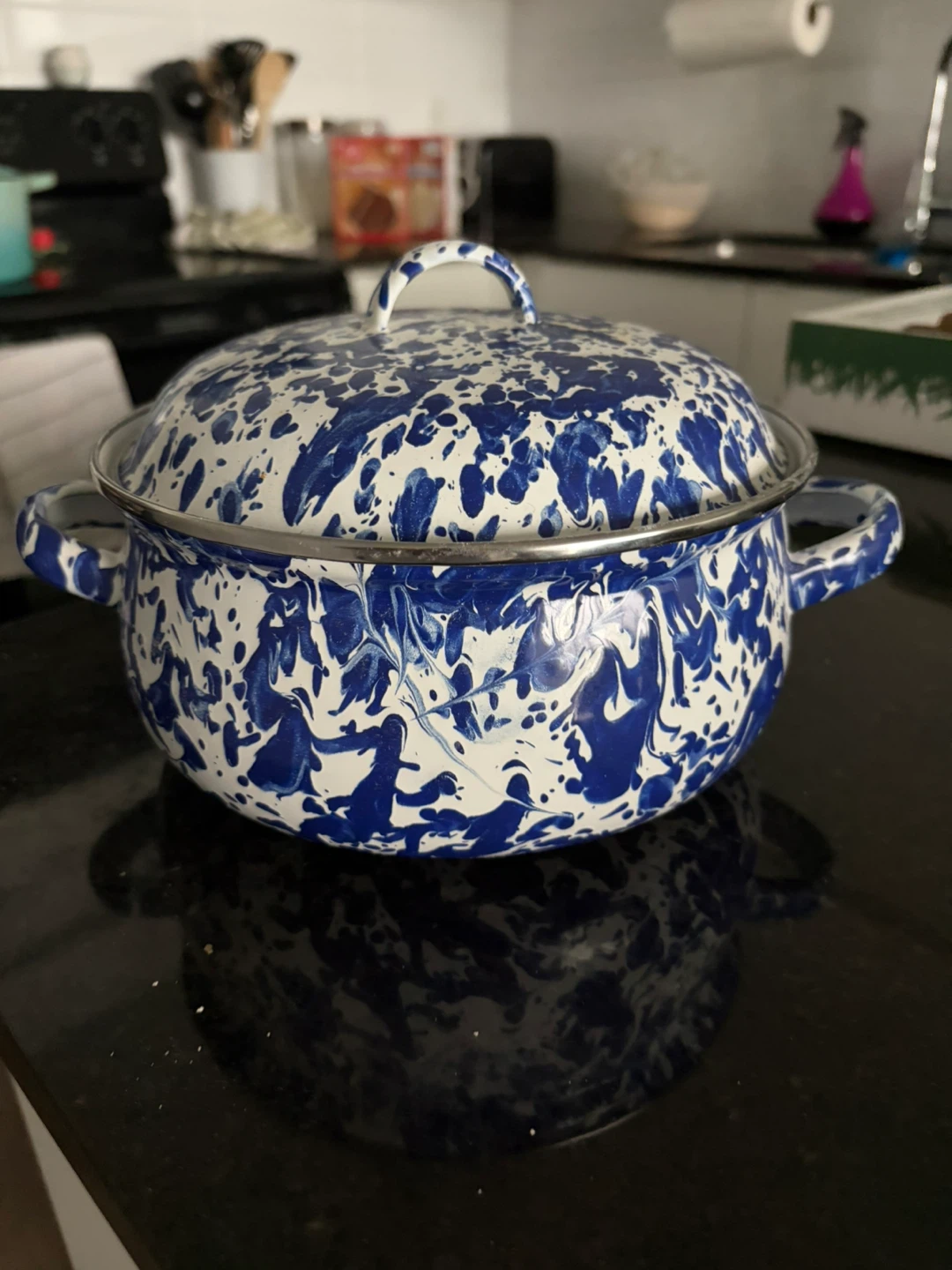Blue and White Swirl Enamel Pot with Lid