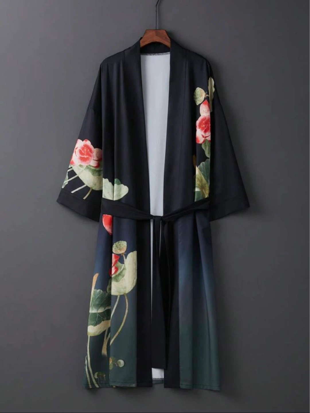 Black Kimono Robe with Floral Print