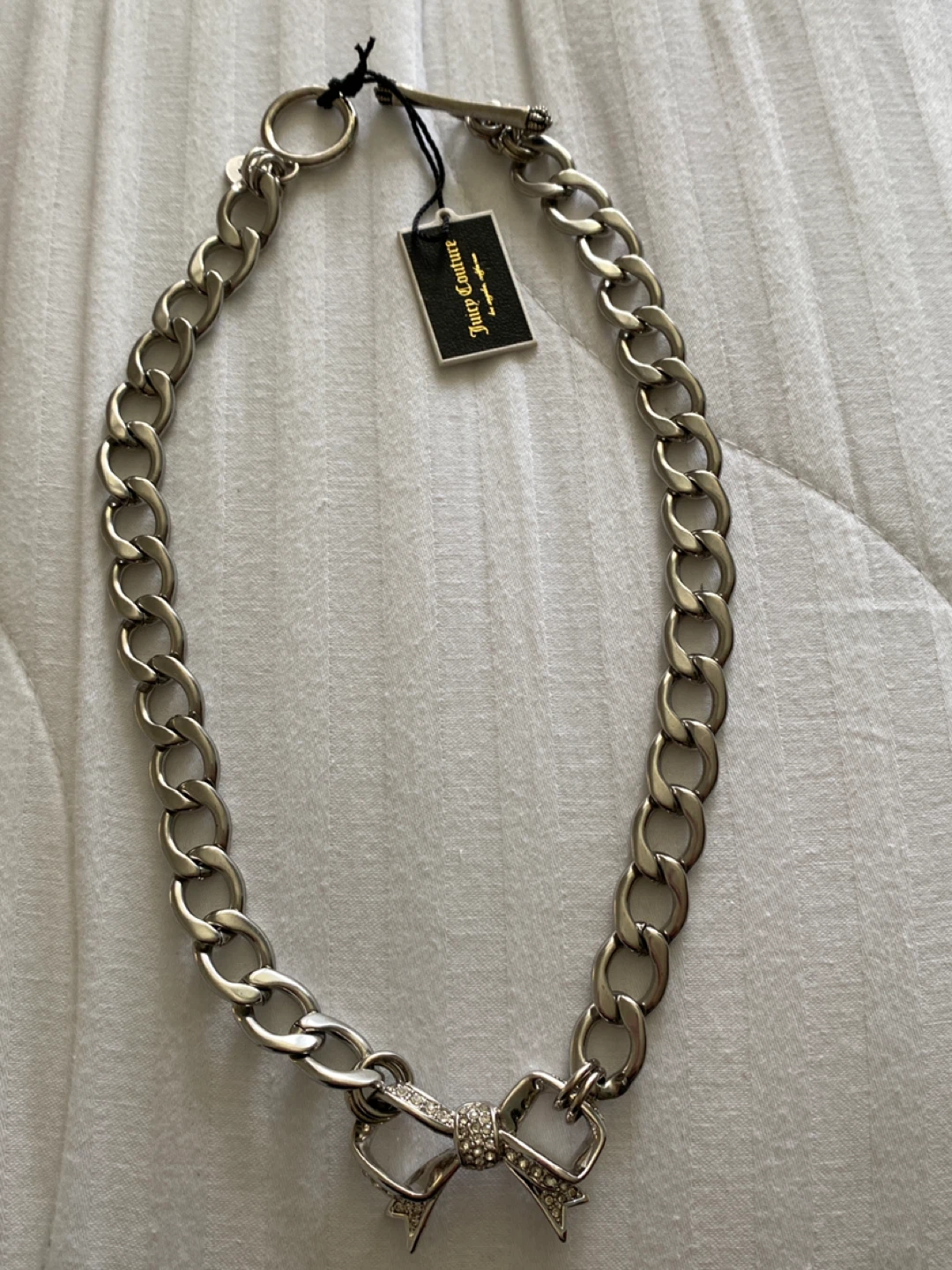 Vintage Juicy Couture Silver Tone Chain Necklace with Bow Charm