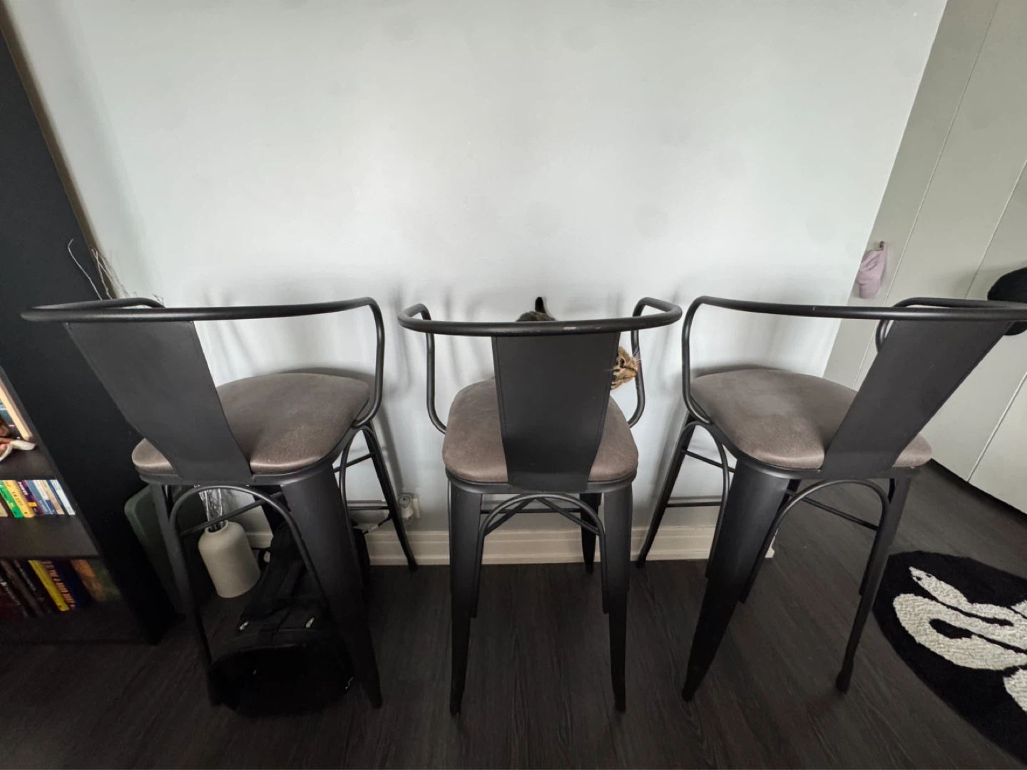Set of 3 Black Metal Bar Stools with Gray Cushions