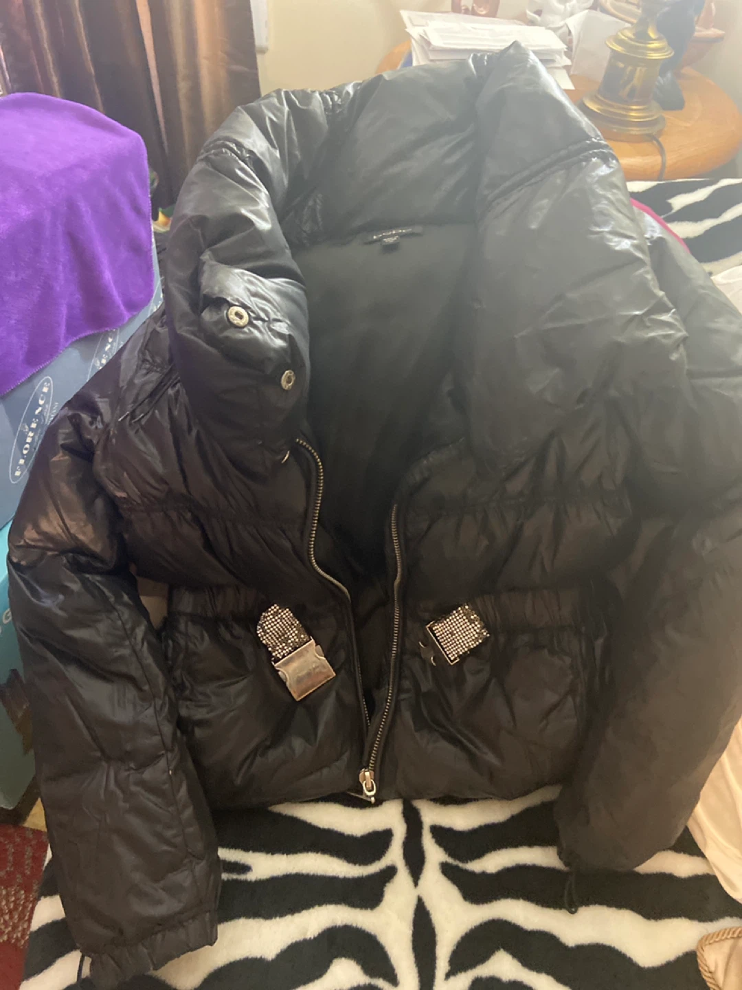 Black Puffer Jacket with Embellished Pockets