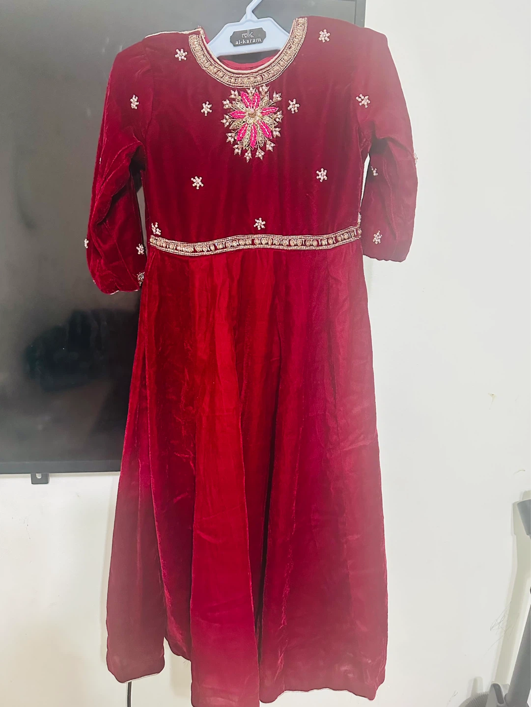 Alkaram Red Velvet Dress with Embroidery