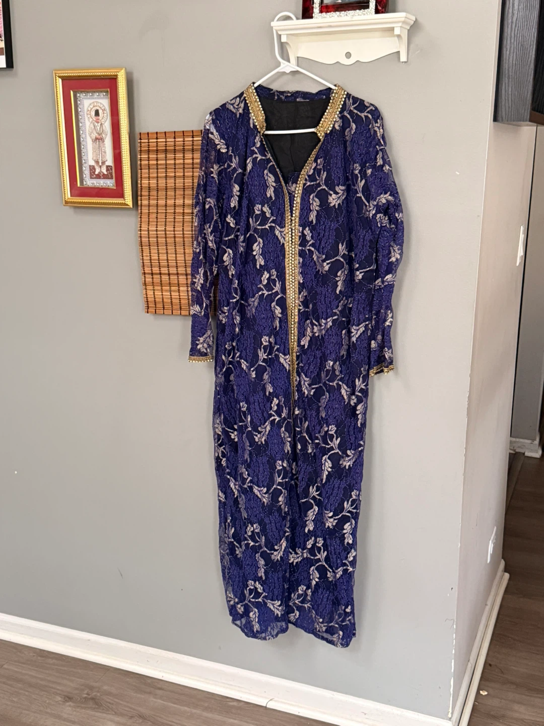 Blue Lace Maxi Dress with Gold Trim XL Size