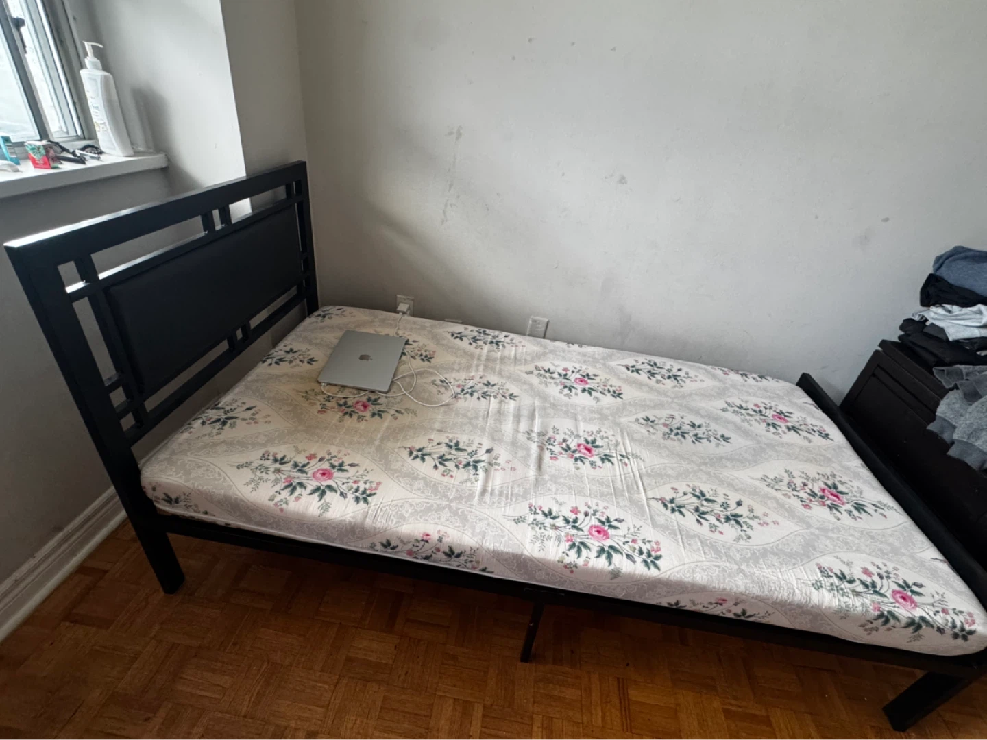 Black Metal Bed Frame with Floral Mattress - photo 2