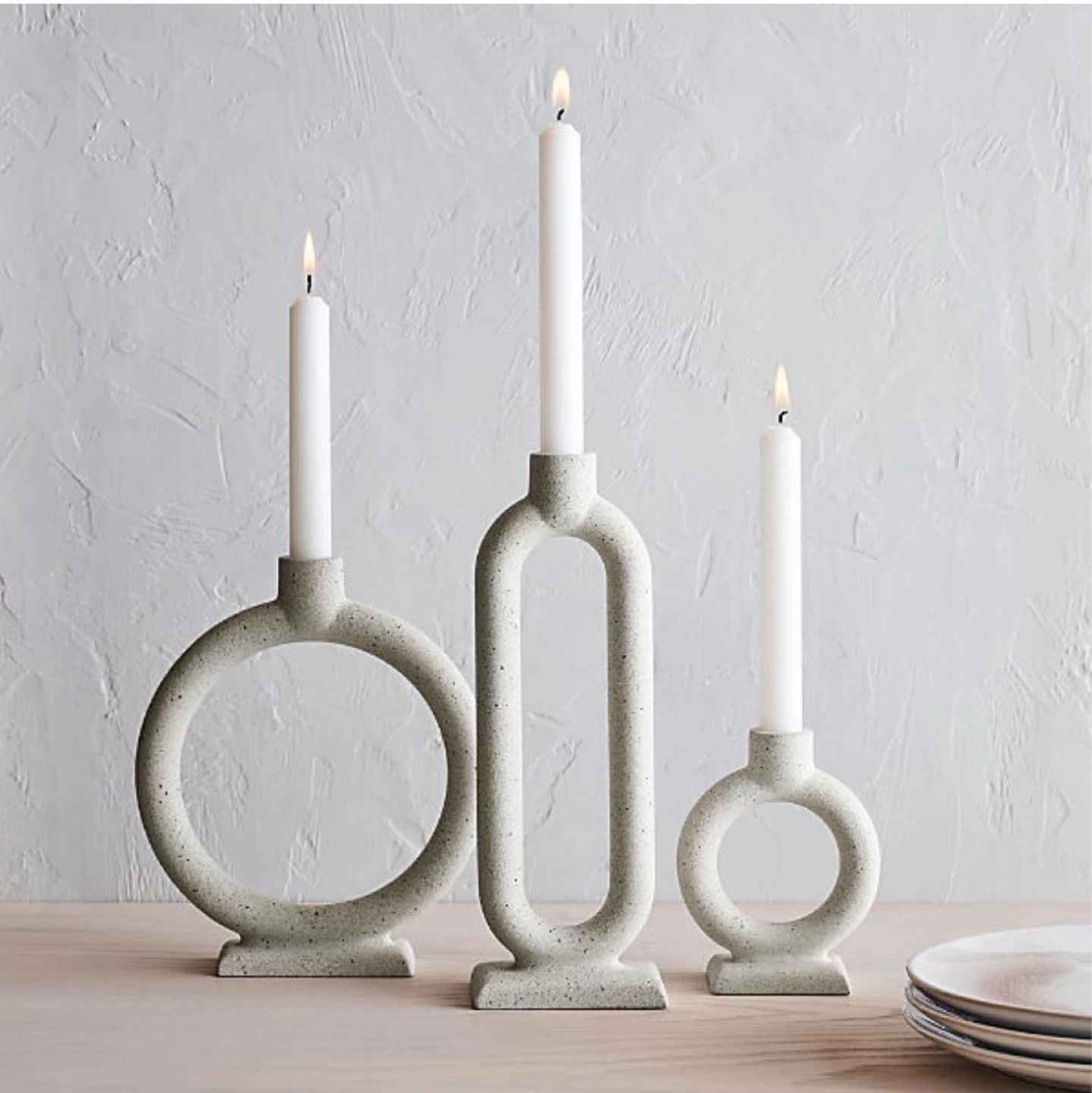3 Crate and Barrel Lorin Cement Taper Candle Holders - Set of 3