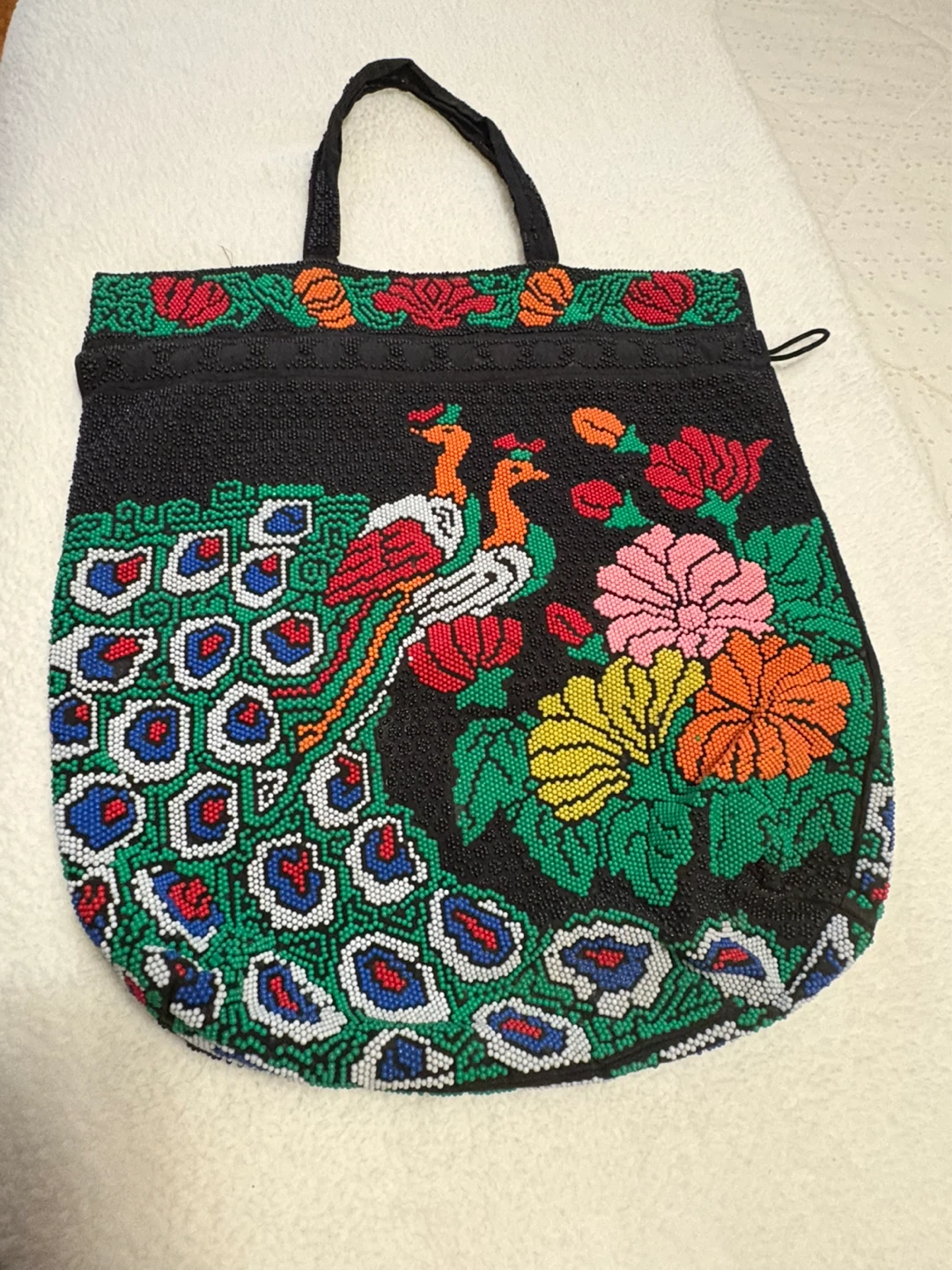 Vintage Beaded Handbag with Peacock and Floral Design