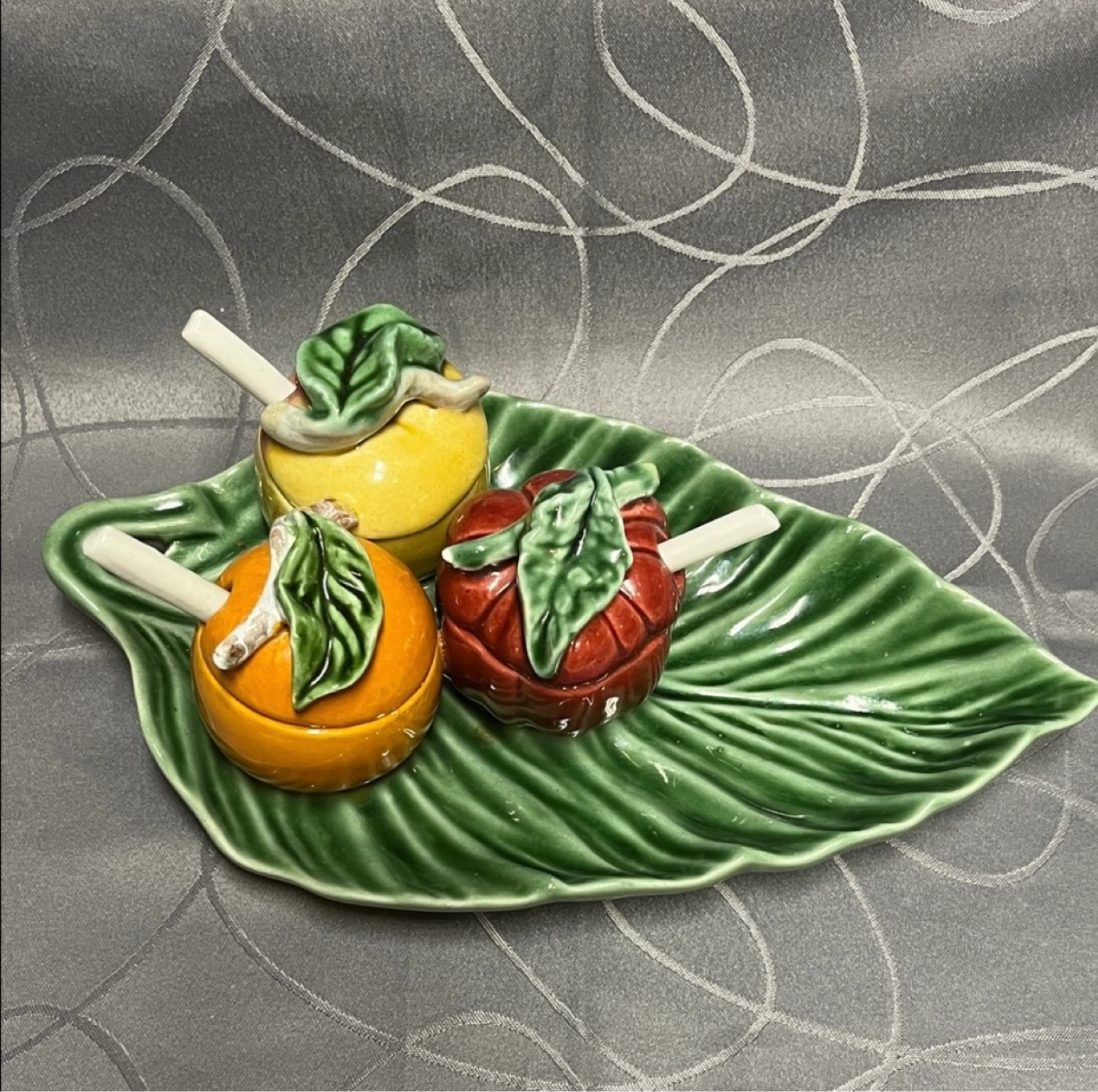 Fruit Shaped Condiment Bowls with Tray and Spoons