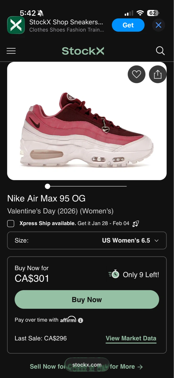 Nike Air Max 95 OG Valentine's Day (Women's) US 6.5