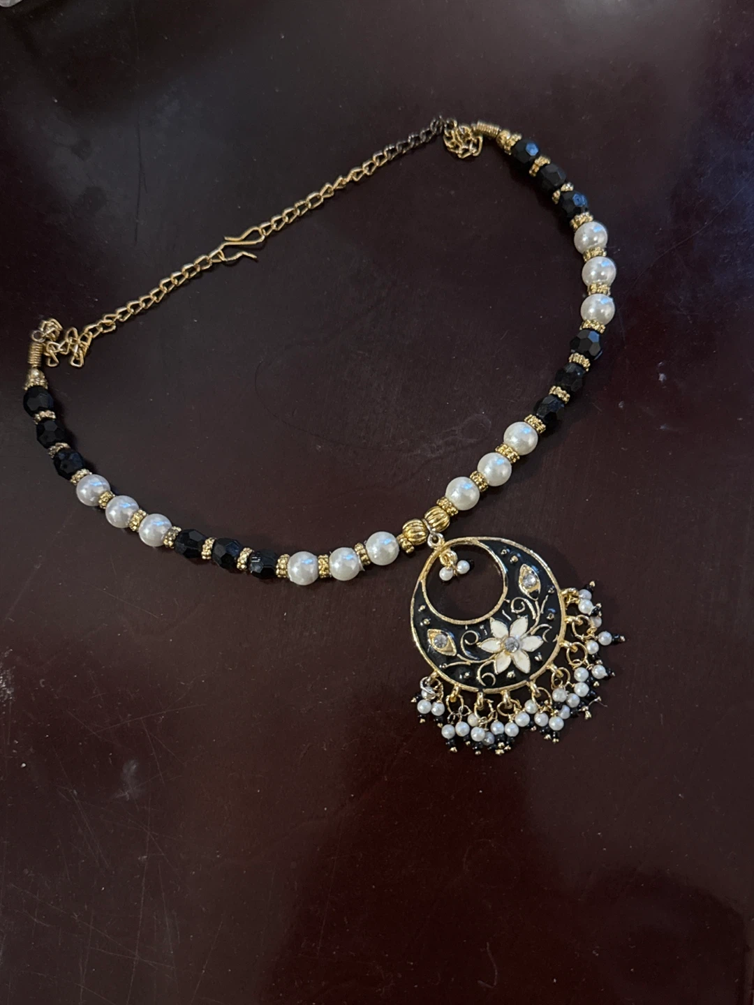 Black and White Beaded Necklace with Pendant